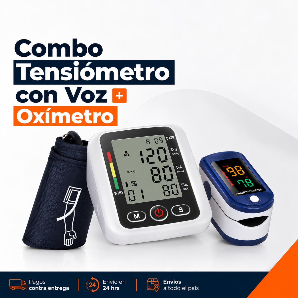 Combo Tensiómetro Digital con Altavoz + Oxímetro de Pulso